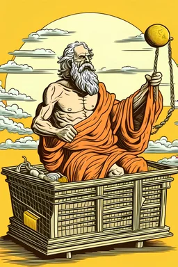 Man masked as Socrates hanging in a basket and toying with the sun