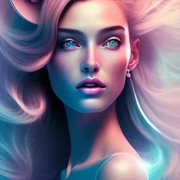 A portrait very beautiful woman , longs hairs, elegant, atmospheric, realistic, cinematic lighting, pink blue light, 8k, galactic atmosphere, flowers