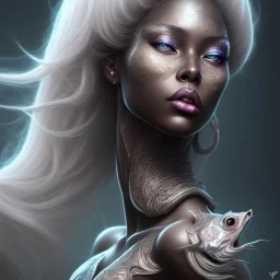 fantasy magic, intricate, sharp focus, illustration, highly detailed, digital painting, concept art, matte, masterpiece head sexy front view black African beauty space lady silver carp skin one head blonde space night