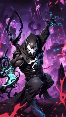 Mix between venom symbiote and Reaper in solo leveling shadow style with neon glowing blue
