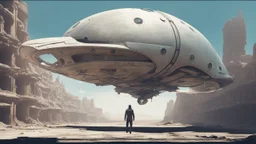 sleek cargo spaceship, built like a teardrop, landing in a wide empty ruined alien street, blue sky