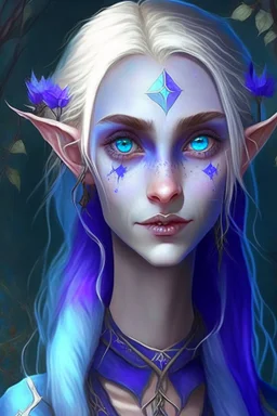 Zella, the youngest of the elven sisters, is the most beautiful. She has beautiful piercing blue eyes, and always has a mischievous smile. She shaves one side of her head. Her loose flowing clothes are a deep purplish hue. She magically summons small pale blue skulls all around her