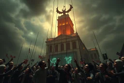 an evil government towers above, pulling the strings of puppets below, the news broadcasts the puppets' suffering everywhere, dystopian, dread, horror