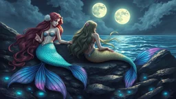 Enchanting mermaids with iridescent tails lounging on a moonlit rocky shore, long flowing hair adorned with seashells, ethereal beauty, mystical atmosphere, bioluminescent water, detailed scales, fantasy artwork