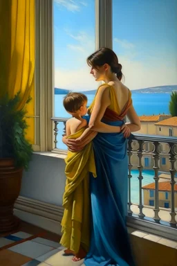 Neoclassicism mother with child in her arms waiting whole body zoom out realistic cote d'azur painting from the back