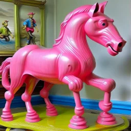 Big pink plastic toy horse.19th painting