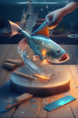 a 3d rendering of a beautiful genius fish with hands and fingers, down in the sparkly water, producing a wooden table and a big knife