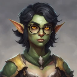 dnd, portrait of cute orc-elf hybrid femboy, black hair, short hair curled hair, hair covering one eye, round glasses, tusks, yellow eyes, flat chest, mage