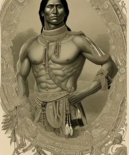 Athahualpa, native american warrior, long black hair, big muscles, pechera, big half circular from shoulder to chest fabric piece