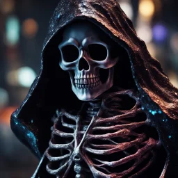 happy dark hooded crystal skeleton made of marble, bright colors, dark crystalized city in bakcground, glowing sparkle particles, dark tone, sharp focus, contrast, 8k, incredible depth, dramatic lighting, beautifully intricate details, clean environment, epic dynamic scene, depth of field, ultra detailed