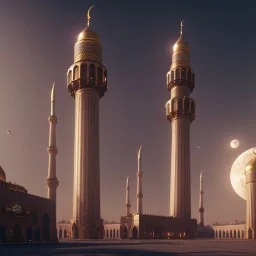 An entry interface for an Islamic application with a minaret and a crescent moon, steampunk, unreal 5, octane render, cinema4d, dynamic lighting, dramatic lighting, 4k, redshift render, highly detailed, hyper realistic,