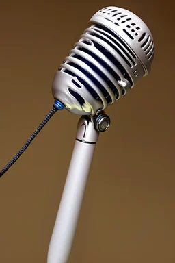 White gold portable singing microphone containing a blue gem Photorealistic