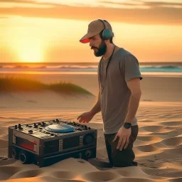 short beard man with cap, DJ play records ,full body, speakers, at beach, dunes background, sunset