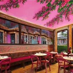 A Epic tree carved into beautiful cafe, masterpiece , art by jorge pardo, photorealistic, pinkish color, meditative vibe, ornate, wide view