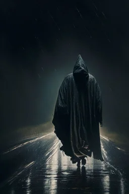 A man walking on a dark and scary road, wearing a robe over his head, and it is raining, and the wind is blowing his clothes