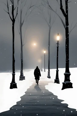 The image shows a dynamic moment of winter twilight. In the center of the composition is the dark silhouette of a lonely passerby, wrapped in warm clothes and walking through the snow falling in a white field. Soft light from the lanterns spreads around the hero’s figure, creating a cozy atmosphere of a winter evening. Falling snow emphasizes the depth and serenity of the moment, giving it a touch of magic. Intricate details. Hyperrealism. Minimalism