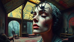 Surreais Zdzisław Beksiński, Dan Mumford style, three dimensional digital art, colorful art, eerie, horror-inspired gothic sierpinski spiders climbing on a woman's face open section house old bauhauart psyxhsdelic art background. the scene's macabre and dramatic feel. and psychedelic