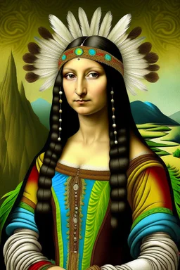 Mona Lisa wears a Pocahontas dress and a Native American feather on her head