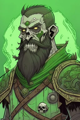 a anime drawing of a green zombie with a beard and scars, in medieval armour