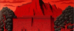 A red great wall fortress designed in Javanese shadow puppets painted by Rene Magritte