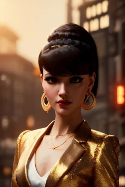 Young business woman, dark orange eyes, dark brown hair, elegant hair, thin lips, gold hoop earrings, waist up portrait, 8k resolution, intricate details, ornate details, soft lighting, vibrant colors, retroanime, masterpiece, realistic, intricate eyeliner, dark eyeshadow, eyes,futuristic cityscape background