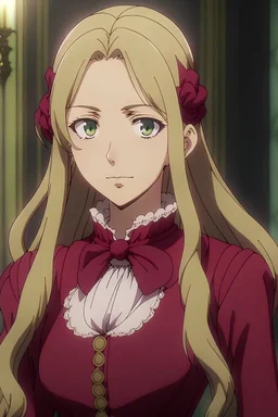 Personaje de anime femenina, con cabello rubio y largo, vestido de la epoca victoriana color bordo. rostro serio y ojos bien rasgados