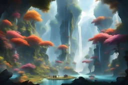 Planet Avatar: Suspended mountains, huge waterfalls, colorful leaves, Nahuat people in harmony with nature, glowing flowers, fluttering suspended plants, giant forest trees.