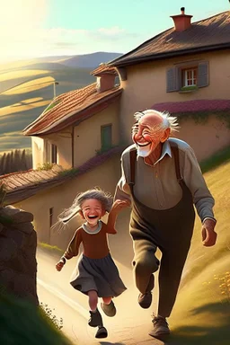 Imagen: Teo y Luna corren hacia la casa de su abuelo, que se encuentra en una colina con vista al pueblo; el abuelo los recibe con una sonrisa cálida