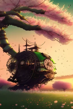 steampunk, falling cherry blossom, green fields, japanese, japan, neo-traditional, sunset, HDR, high detail, 4d