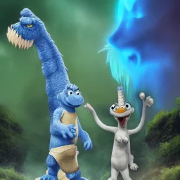 mix Smurf and Godzilla and girafe