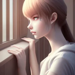 Anime, female student studying under window, lesson, perfect face, cool face, ultra detail, unreal engine 5, cinema4d, sun light, studio lighting --ar 1:1 --v 4