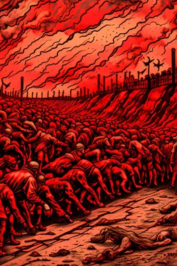 A lot of Prisoners line up in hell in front of a big wall , red clouds in the sky with huge amount of dead people laying on the ground