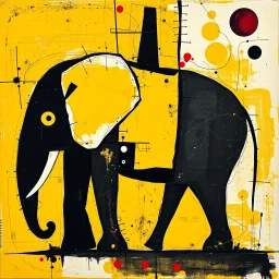 abstract art, elephant contrivance, by Joan Miro and VS Gaitonde, mind-bending abstract image, fragmented, subconscious deconstructivism, yellow and black and white and red color scheme