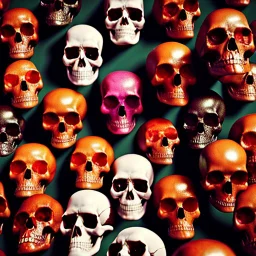 a picture of a dark, comedic, anatomically correct wall of colorful tightly packed skulls of varying sizes and expressions, photo realistic, insanely meticulous, highly detailed, part of a collection of bones on display, 64k, dystopian, vray