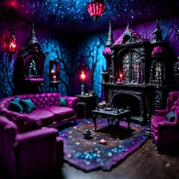 Detailed creepy living-room made of modeling clay, Tim Burton, strong texture, extreme detail, Max Ernst, decal, rich moody colors, sparkles, bokeh, odd