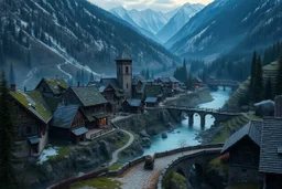 Genera una imagen de fantasía medieval de una aldea montañosa al amanecer. Muestra un valle con un río serpenteante, casas de piedra y madera con tejados irregulares cubiertos de musgo, y una antigua torre de vigilancia en el centro. Las montañas nevadas y bosques de coníferas rodean la aldea. Incluye campos en terrazas en las laderas y un puente de piedra antiguo cruzando el río. La perspectiva es desde un punto elevado en el camino, con la comitiva de carretas arribando