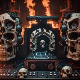 DJ of the damnded, insanely detailed DJ booth in hell, MID set, speakers and equipment made of bone, anatomically correct, add more skulls in th audience, photorealism, vray, 8k 3d