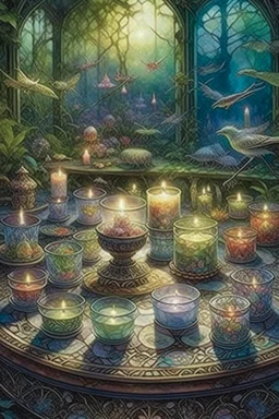 Tarot card candles on the tableornament of a fabulous landscape, ornament, forest, delicate, light, transparent spring, ornament, in the style of Josephine Wall, grunge, intracate, map, careful drawing, watercolor, dot graphics, natural colors, Grotesque, Micro detailing, Art botanical