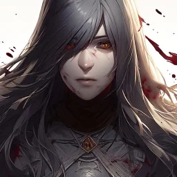 Goodness, Blood splatter, battle wounds, female, portrait, max detail, hd, Long hair, dark souls style, detailed eyes, eye color blue