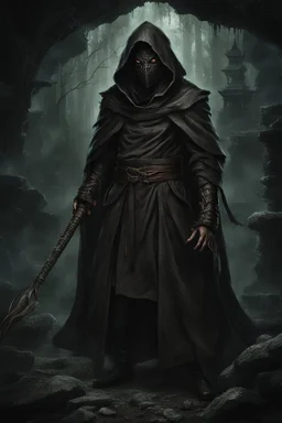 An asian warrior in a dark robe with a hood, sporting a crepy demonic evil character mask. The setting appears to be a dark and eerie environment, a dungeon, a haunting forest or old dark ruins.