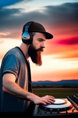 bearded man with cap, DJ play records color sky background