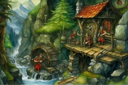 Medieval fantasy watercolor: Thalgrim's Forge built into mountainside. Stone-timber workshop with blackened walls, forge heat radiating. Dwarf blacksmith Thalgrim works glowing anvil while apprentice Eira watches. Outside: mining tools, gears, pulleys. Green terraces, forest, river reflects sky. Broad-shouldered dwarf, braided beard, focused eyes reflect red-hot metal. Sharp-eyed human apprentice assists. Orange smoke meets blue-green sky Spring foliage, echoing hammer sounds mix with river flow