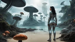 detailed matte painting of a wide-angle shot of a woman standing on the right-hand side of an alien beach, with dark hair in a silver robotic catsuit, many floating mushrooms with jellyfish tentacles, alien jungle trees in the distance, deep colour