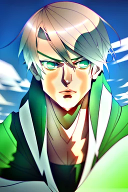 The handsome and perfect portrait is on Spruce Street, anime, blonde-haired and green-eyed male character on the beach for the magazine, 8K resolution, high quality, ultra graphics, and detailed with lines.