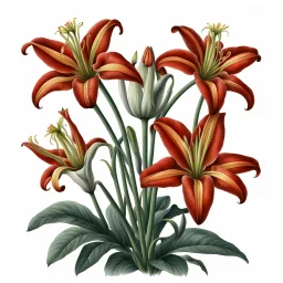 Western Red Lily botanical illustration on white background, natural color, vignette