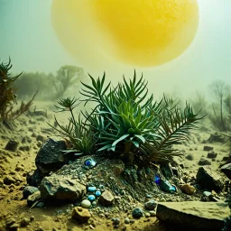 A striking quality Kodak photograph captures a wasteland with liquid and group of monstrous plants, creepy, details of the dust very accentuated, glossy organic mass, adorned with minerals and rocks. Bathed in intense light, eerie, Max Ernst style, yellow sun, fluids, fog, bkue eyes, paranoic, obsessive, blurred