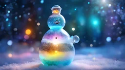 FrostedStyle, beautiful high quality digital art of a transparent glass snowman, glowing within with multicolored lights, festival, extremely high quality