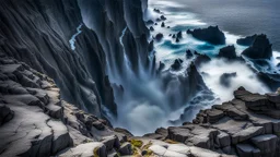 This mesmerizing ocean cliff scene captures the dramatic power and beauty of nature. Towering rugged cliffs stand majestically against the vast expanse of the ocean, where the water pours into a singular bottomless pit. The cliffs, with their sharp and jagged edges, create a stark contrast to the rough, flowing water, making the scene even more captivating. Sunlight pierces through the mist rising from the waterfalls, creating a magical, ethereal atmosphere