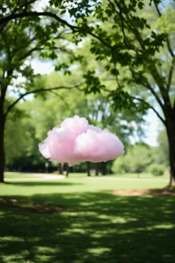 A pink plastic cloud floating in the park