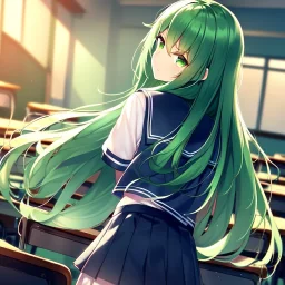 girl, masterpiece, best quality, cinematic lighting, detailed outfit, perfect eyes, long hair, green hair, green eyes, looking back, angry, in classroom, school outfit,